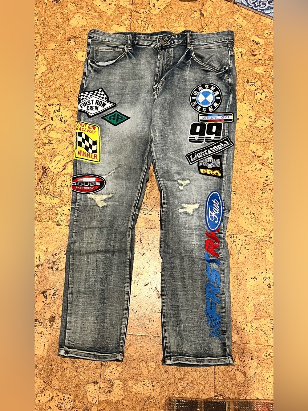 First Row Men’s Gray Acid Wash Graphic Distressed Denim Racing Jeans (40/32)